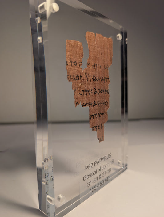 P52 Fragment Replica: Gospel of John 18:31-38. Jesus on trial. (Most Popular)
