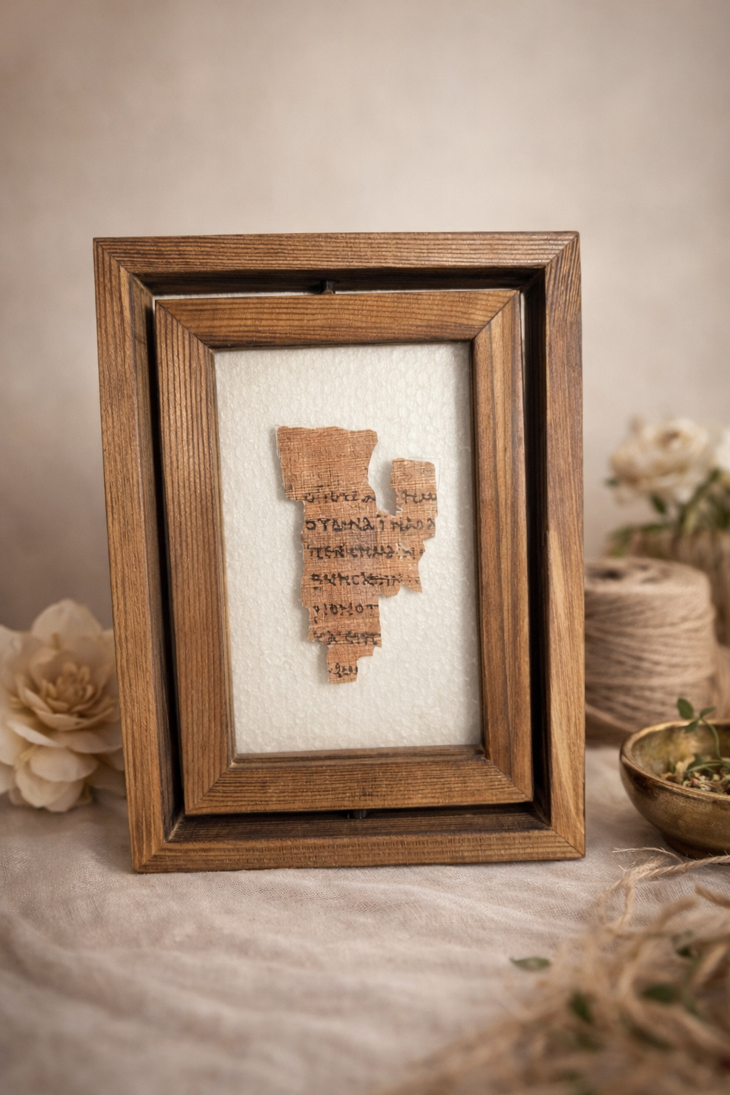 P52 Fragment Replica: Gospel of John 18:31-38. (walnut wood frame)