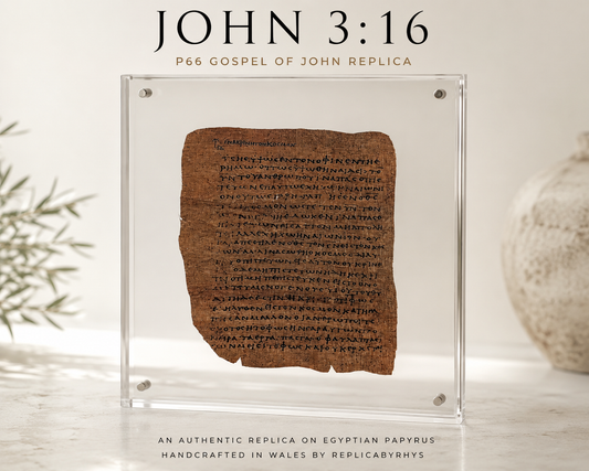 P66 John 3:16 | replica – Gospel of John | "For God so loved the world."